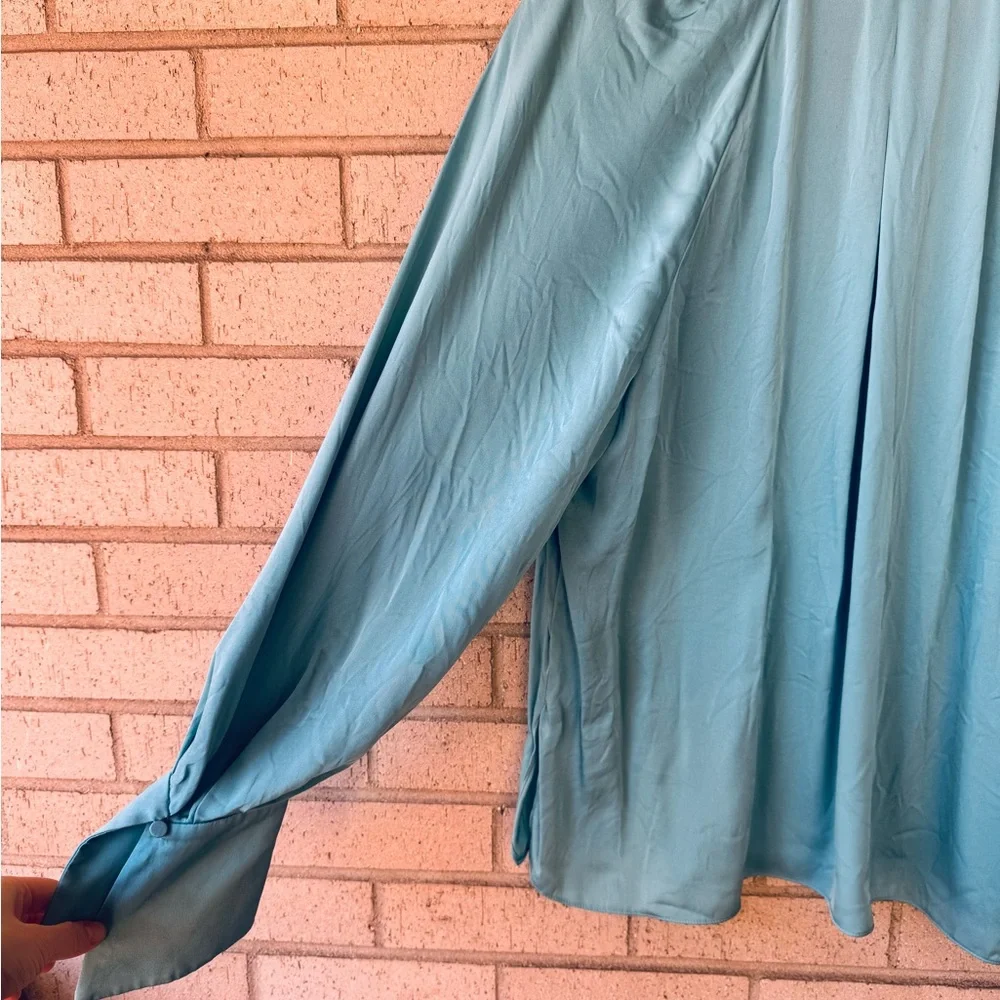 Kobi Halperin Nanee Pleated Silk Longsleeve V Neck Blouse Blue Teal Size Large - Picture 6 of 8